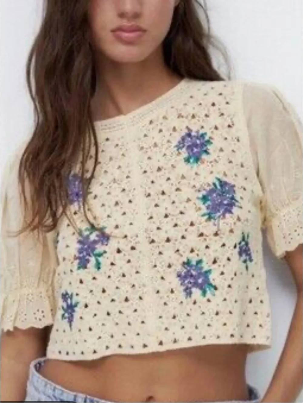 Zara Embroidered Floral Crotched Top with Puff Sleeves Size Medium
